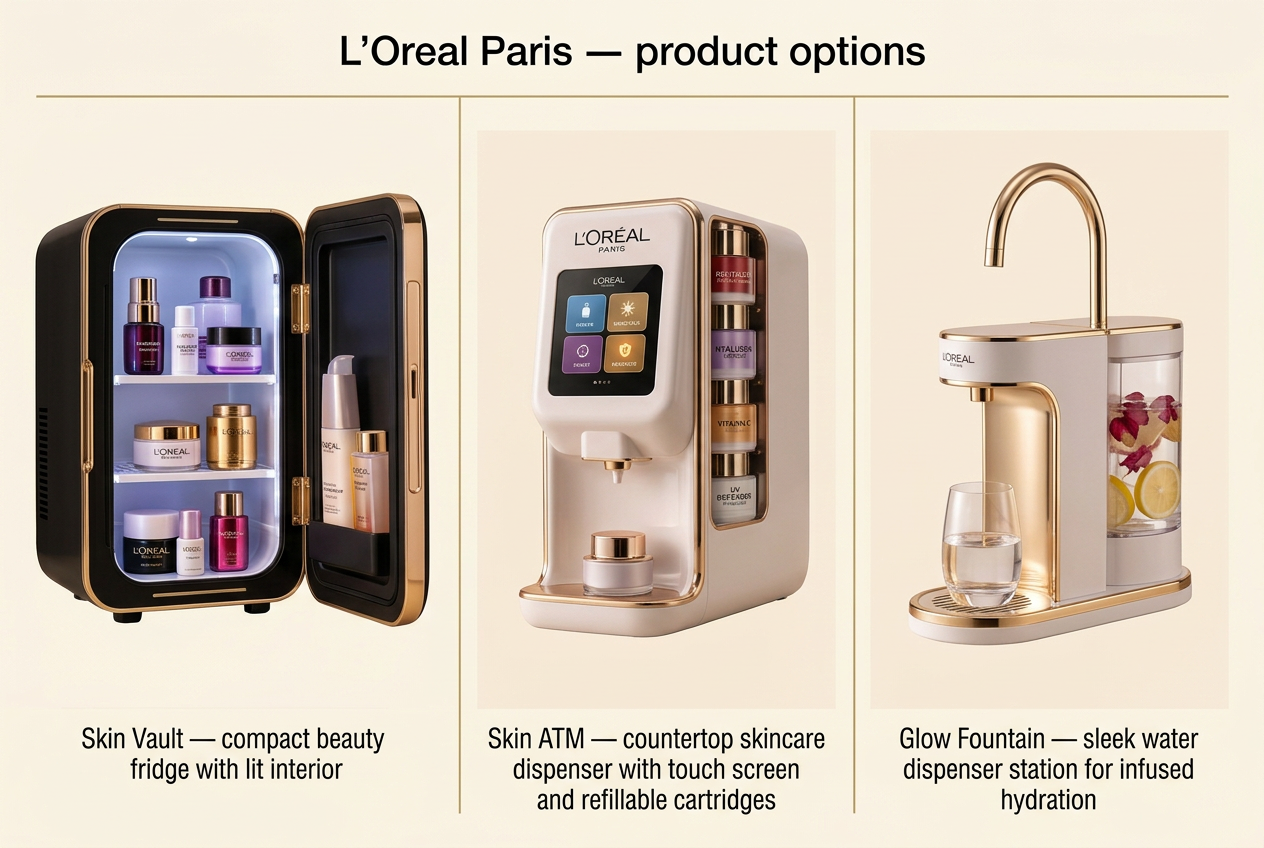 Board of three L'Oréal Paris ideas: the Skin Vault beauty fridge, the Skin ATM dispenser and the Glow Fountain water dispenser in gold, black and white