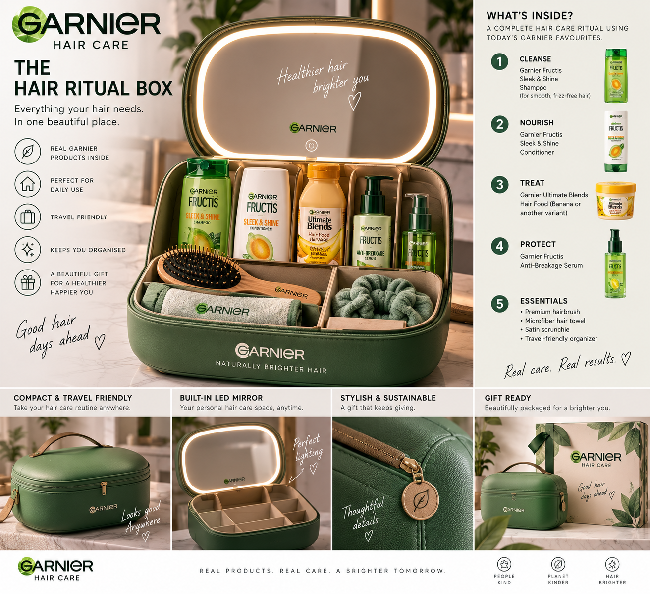 Garnier Hair Ritual travel case with illuminated mirror and hair-care products
