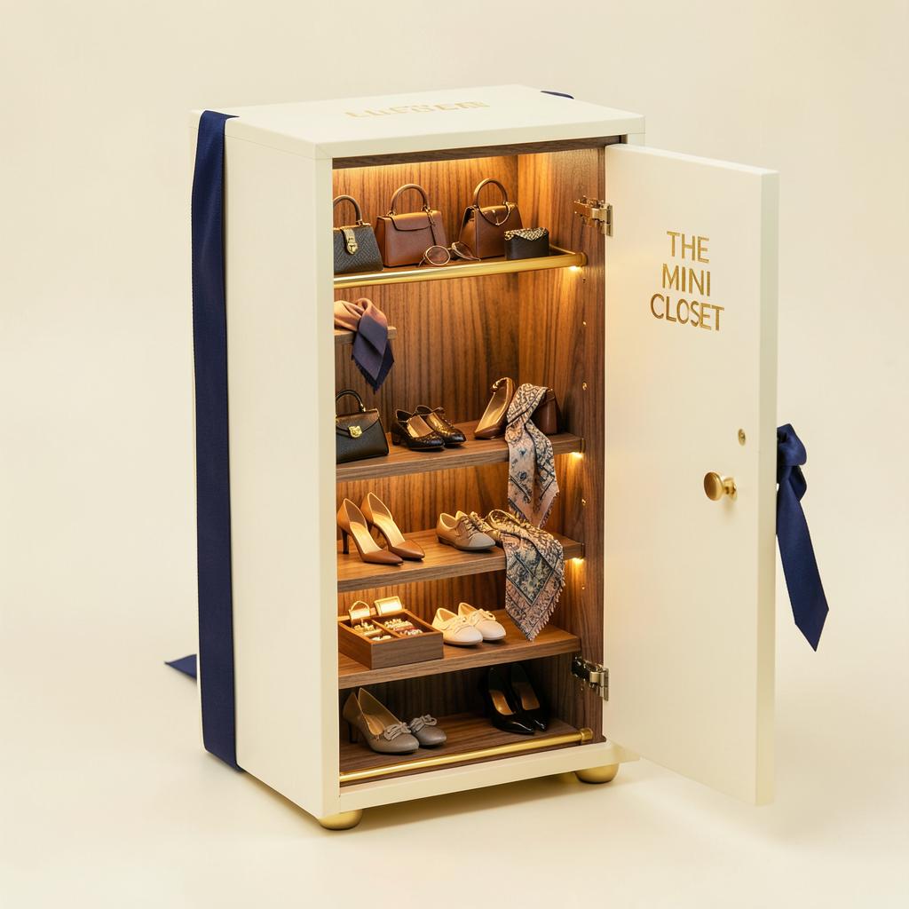 Miniature cream wardrobe cabinet PR box with tiny handbags, heels, sneakers, scarves and a jewellery drawer under warm lights