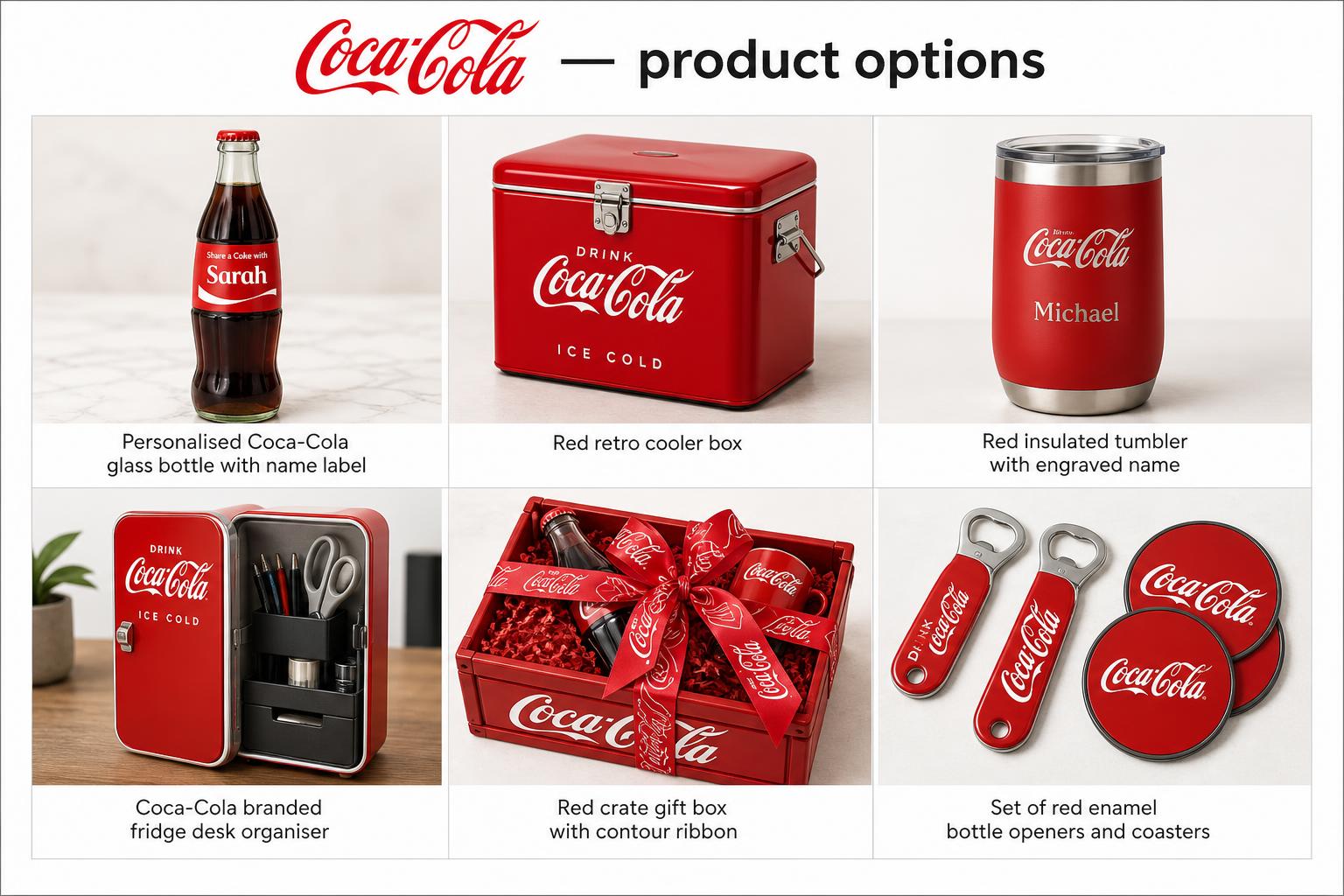 Board of Coca-Cola gift options: personalised bottle, retro cooler, engraved tumbler, fridge desk organiser, crate gift box and openers with coasters