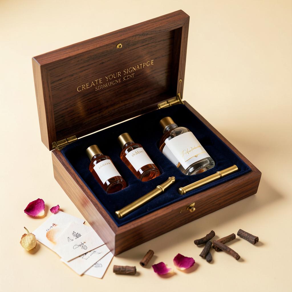 Walnut fragrance layering box with five scent bottles, gold pipettes, blotter cards, rose petals and oud chips