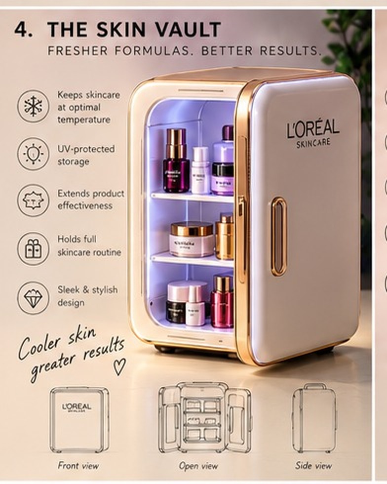 A branded skincare fridge keeping creams cool on a vanity
