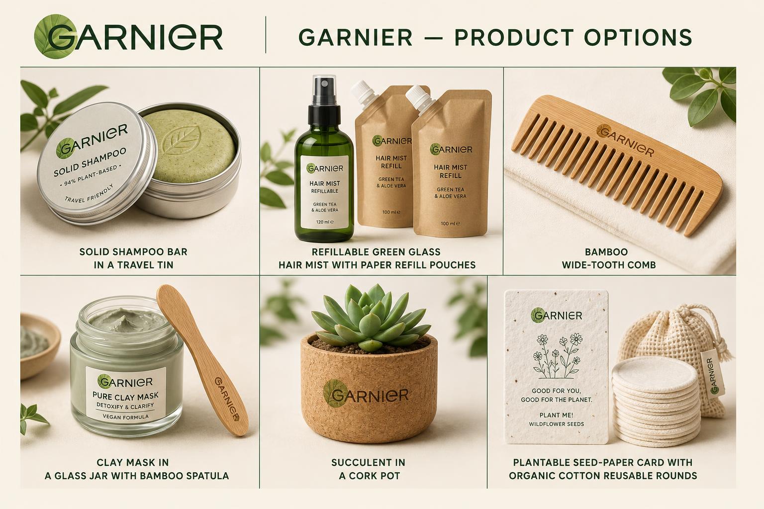 Board of Garnier sustainable gift options: solid shampoo bar tin, refillable glass hair mist, bamboo comb, clay mask jar, cork-pot succulent and plantable seed card