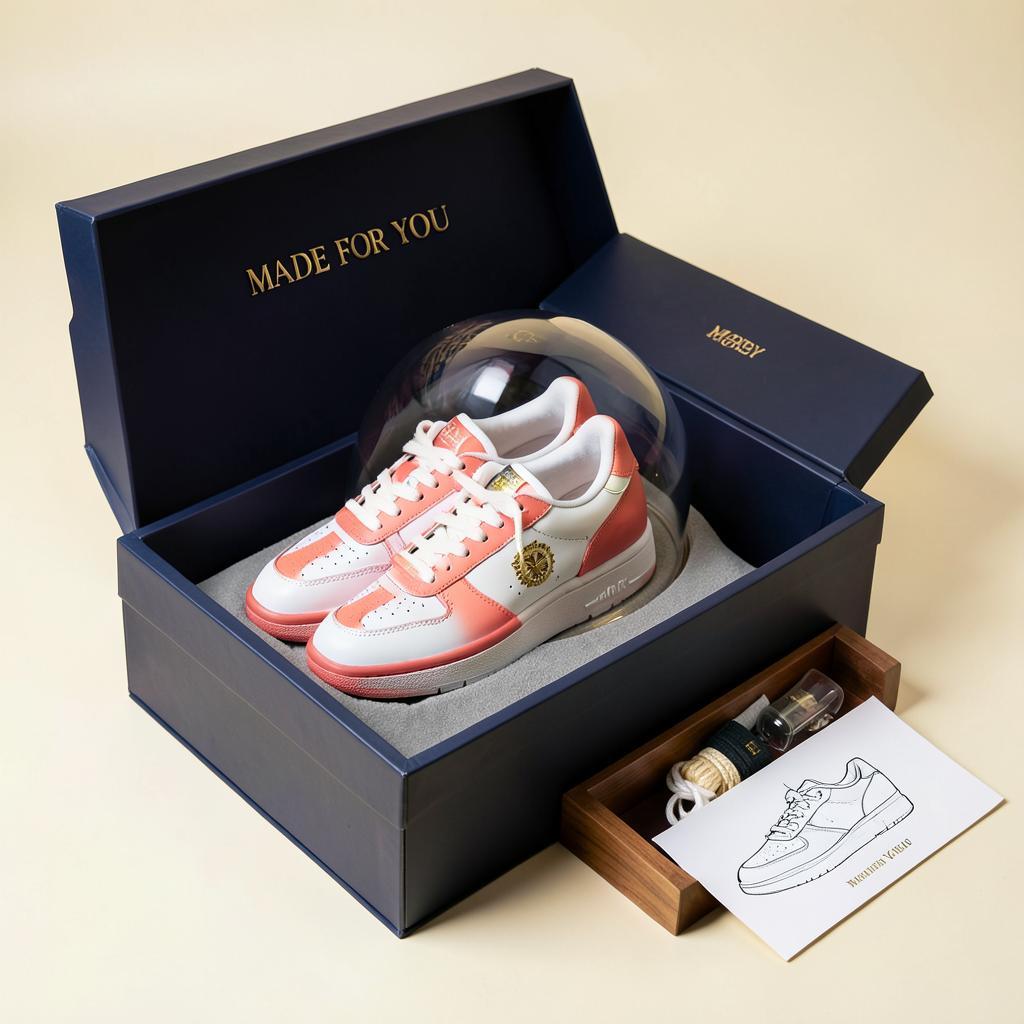 Custom coral and white sneaker under an acrylic dome in a navy gift box with brass nameplate, care kit and design sketch