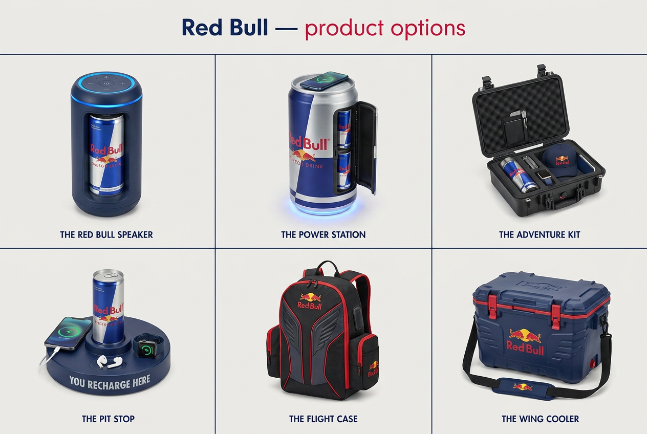 Board showing six Red Bull gift options: can speaker, power station, adventure kit, pit stop charger, flight case backpack and wing cooler