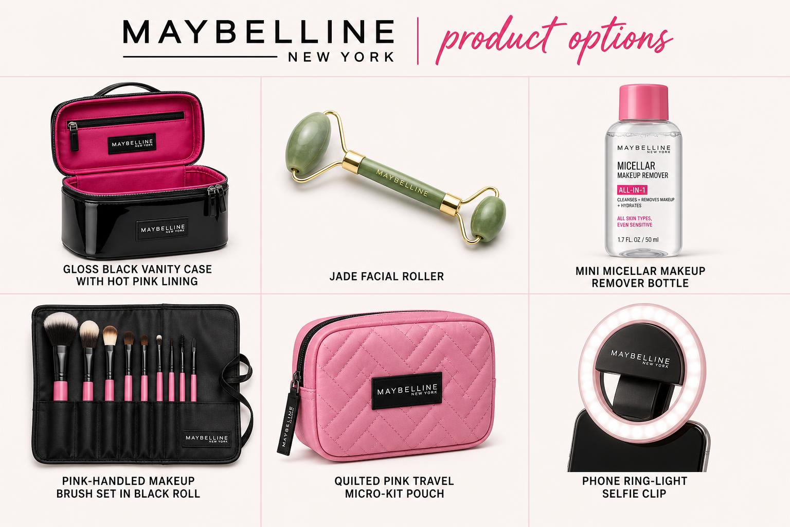 Board of Maybelline gift options: gloss black vanity case, jade roller, mini micellar remover, brush set, pink micro-kit pouch and ring-light clip