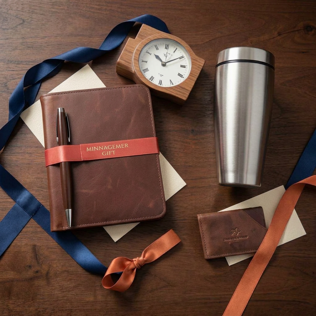 Executive desk gift set with walnut tray and leather notebook
