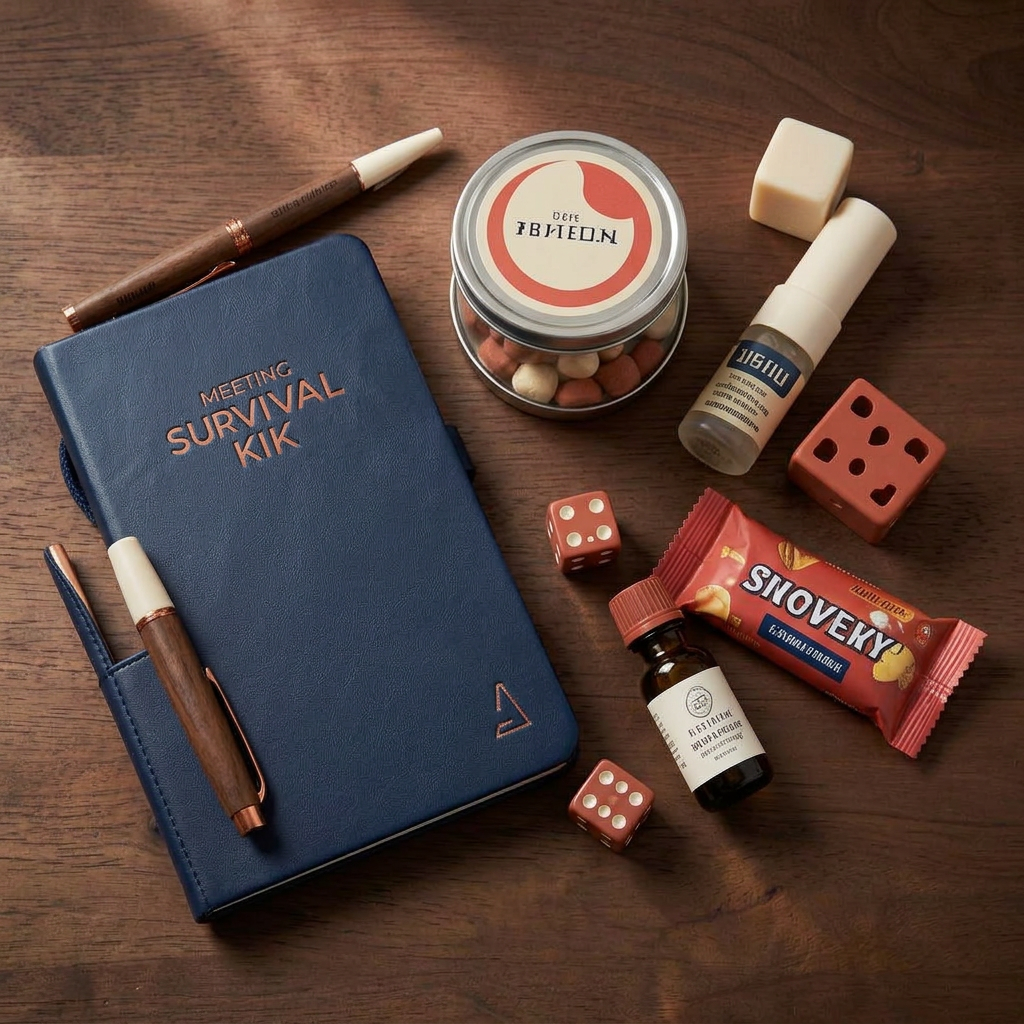 Meeting survival set laid out on a desk