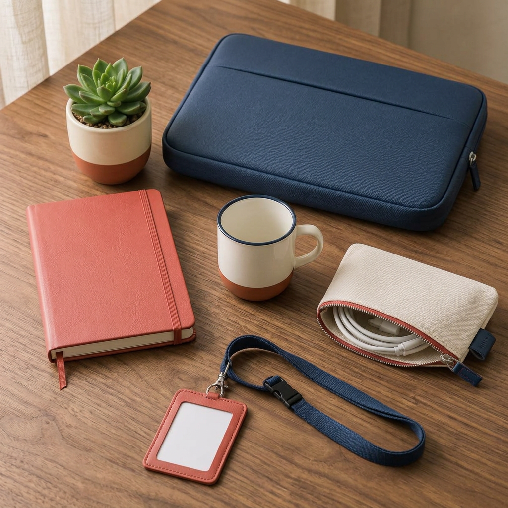 Welcome kit with notebook, bottle and desk items