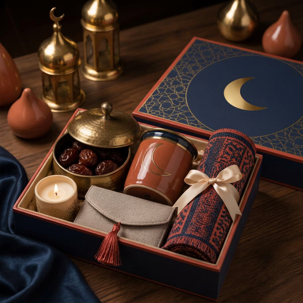 Ramadan gift box with dates, ceramics and a woven textile