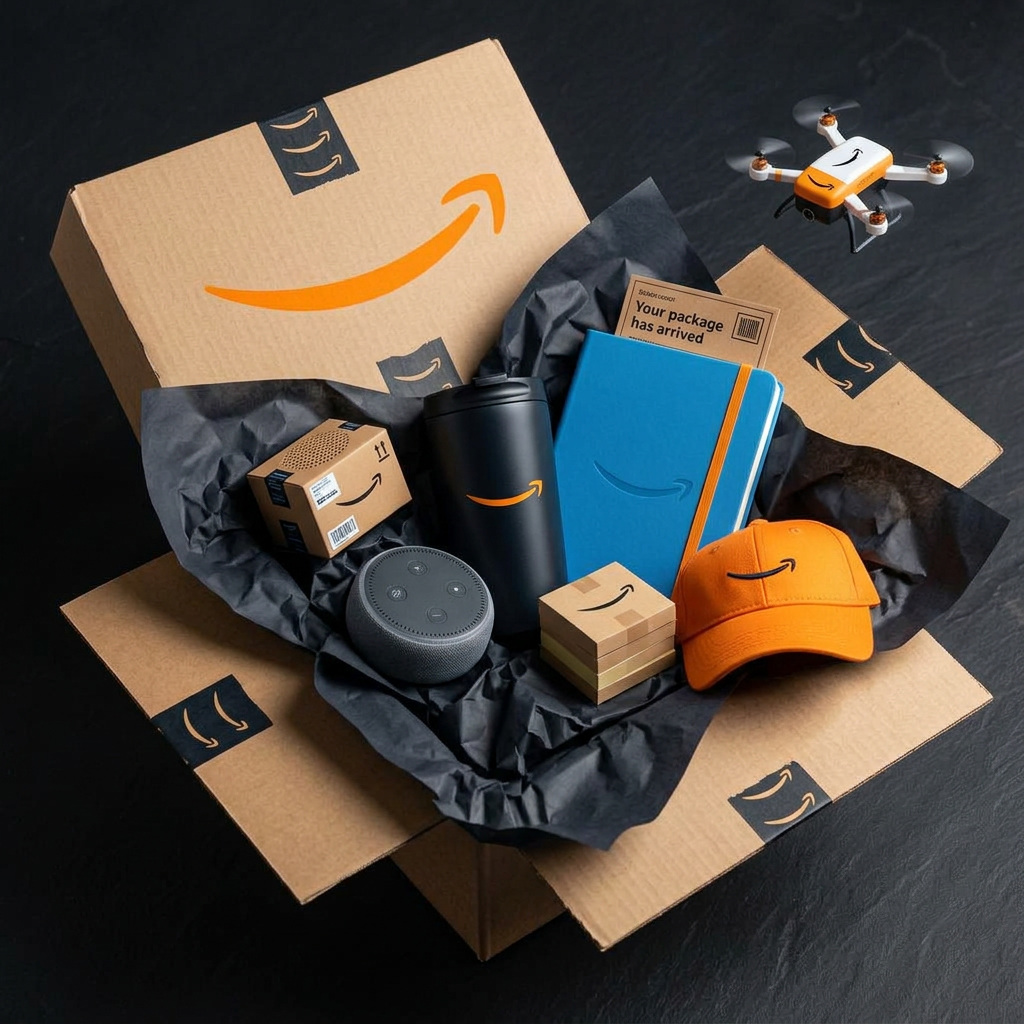 Kraft Amazon parcel box with a large orange smile arrow, Echo Dot-style speaker, parcel speaker, blue notebook, orange cap and a toy drone
