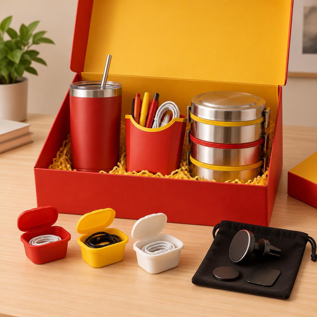 Red and gold McDonald's ritual box with an insulated tumbler, fries-shaped desk caddy, burger-stack bento and sauce-pot cable organisers