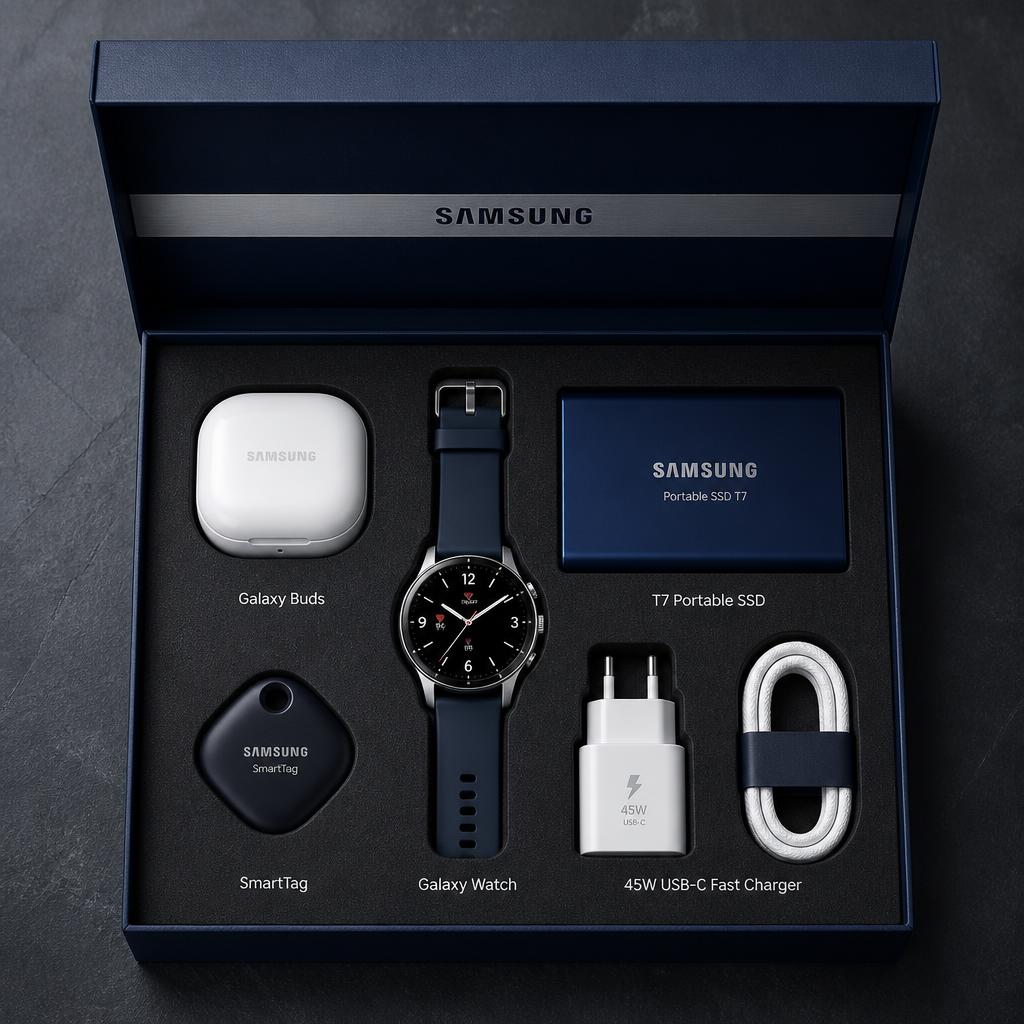 Navy rigid box with Samsung Galaxy Buds, Galaxy Watch, T7 SSD and fast charger in cut foam