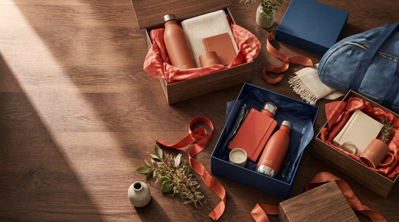 Custom branded corporate gift set laid out on a wooden table